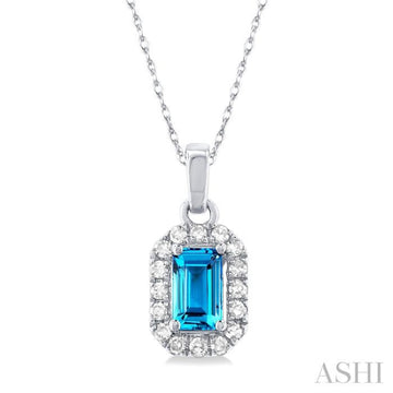 5x3 MM Octagonal Shape Blue Topaz and 1/20 Ctw Single Cut Diamond Halo Semi-Precious Pendant with Chain in 10K White Gold